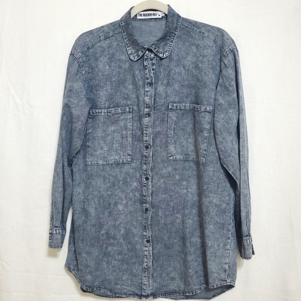 The Rockn Rev Womens Gray Chambray Long Sleeve Button Front Shirt S/M